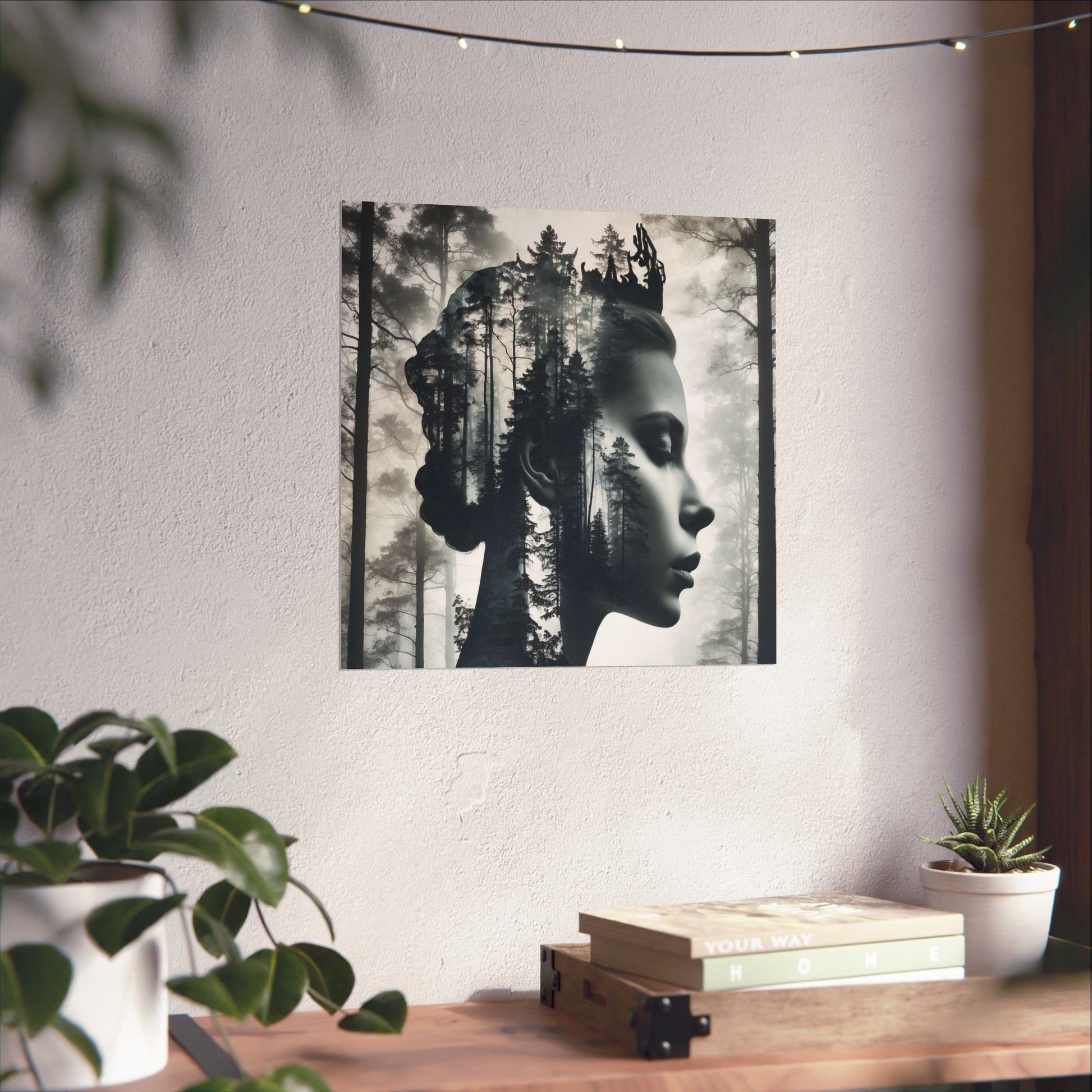 Framed artwork of a woman's profile with forest overlay on a wall above a wooden desk.