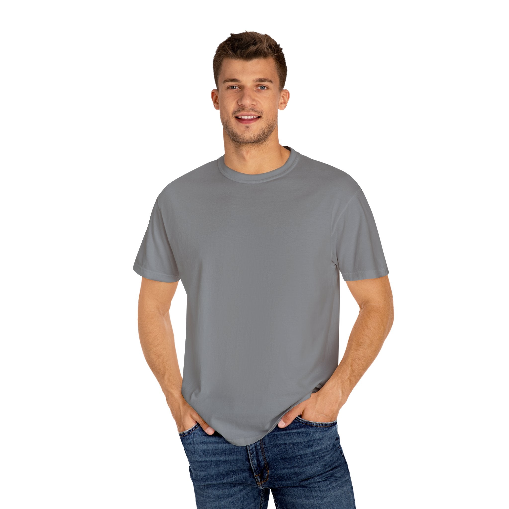 Man wearing a gray t-shirt and blue jeans on a white background