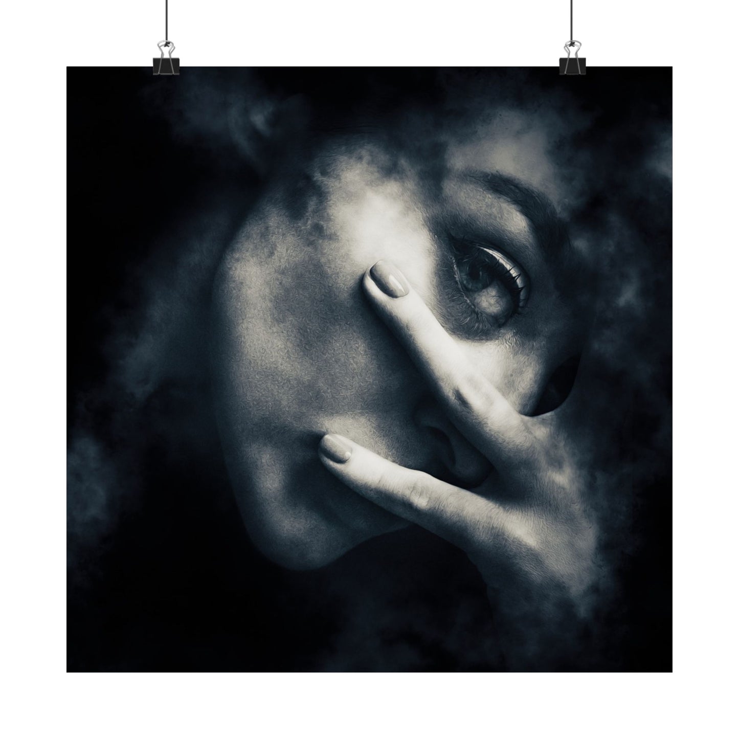 Black and white artwork of a hand covering a face with a dark background