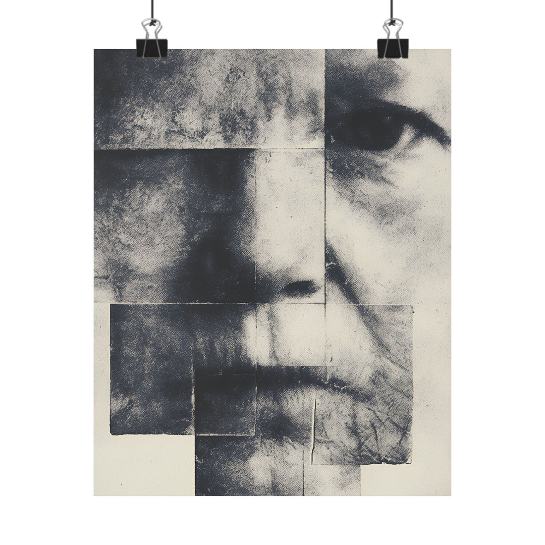 Abstract black and white artwork on a textured background