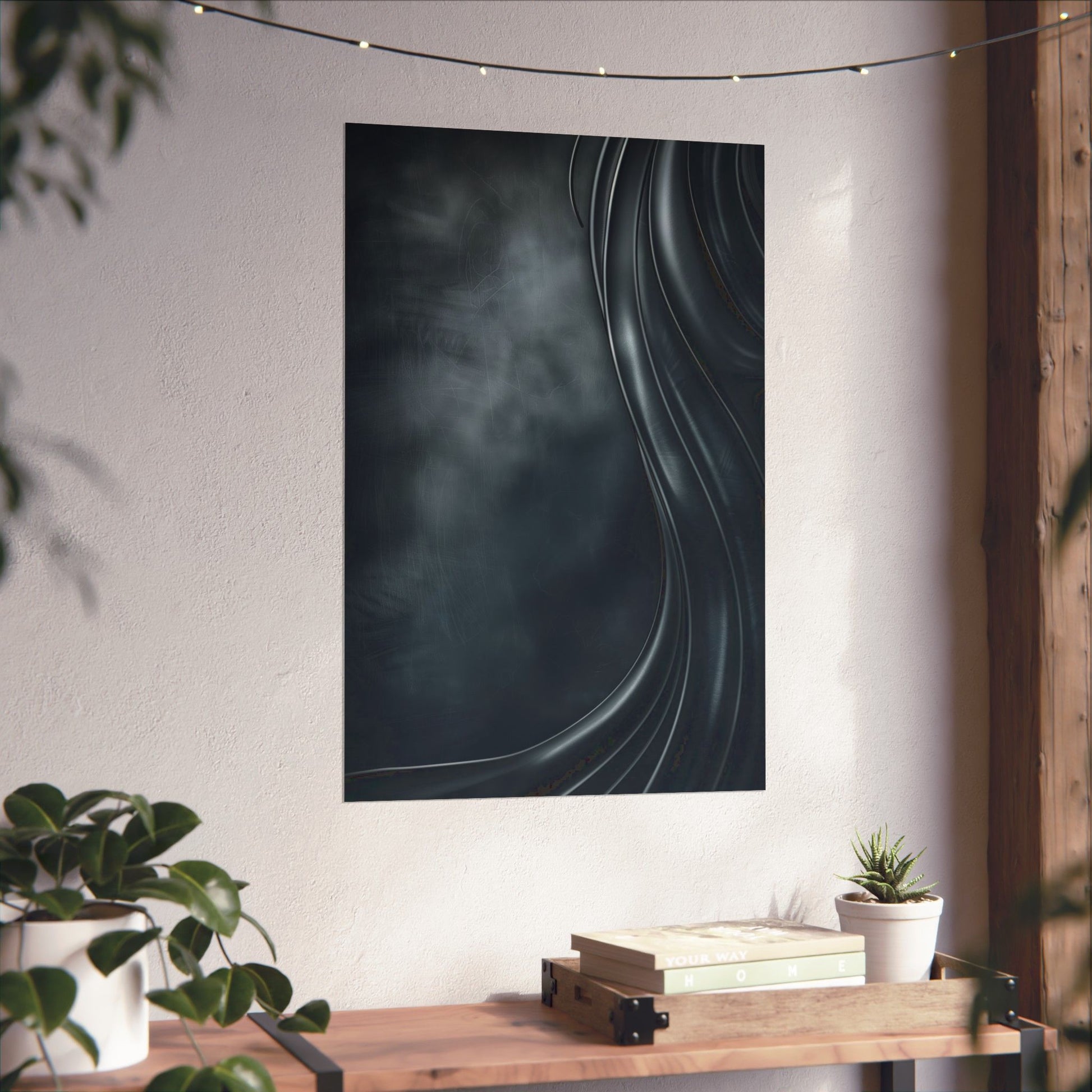 Abstract wall art on a white wall with a wooden shelf below