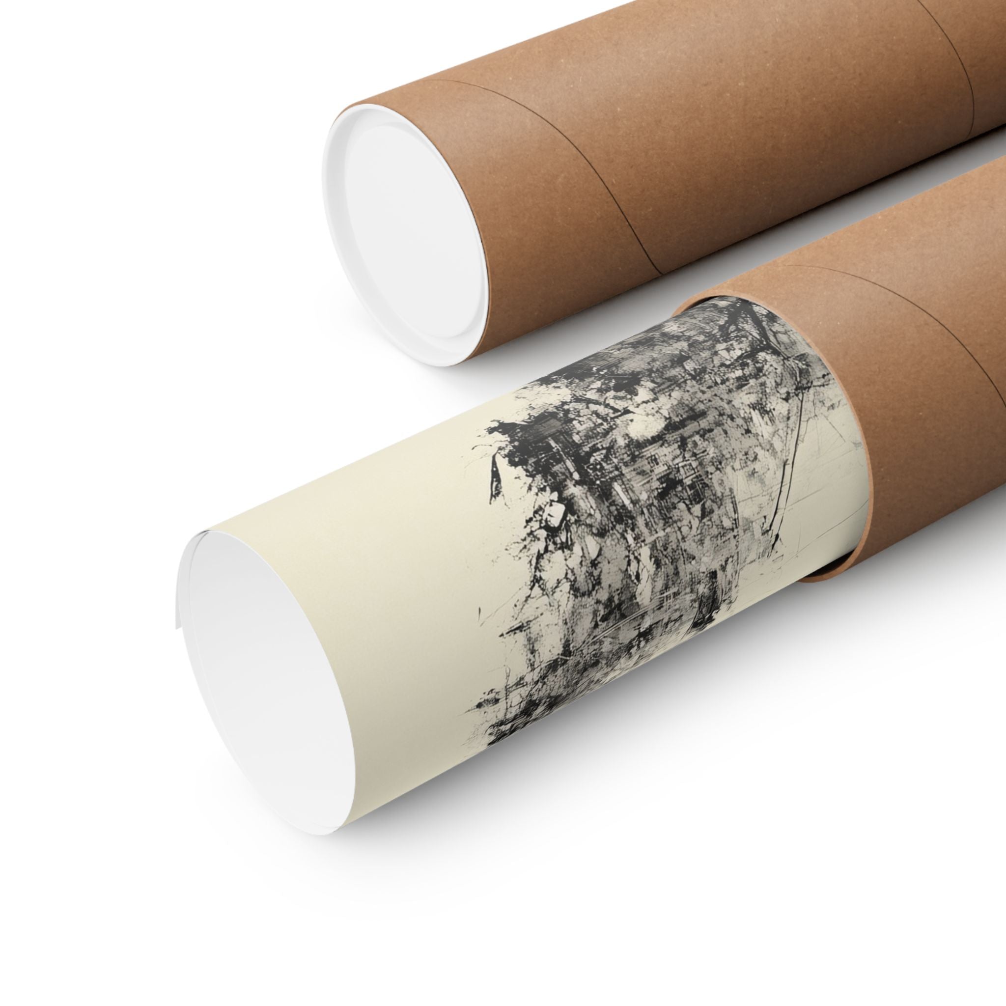 Two rolled-up artworks in cardboard tubes on a white background