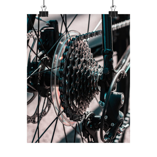 Close-up of a bicycle gear system with a blurred background