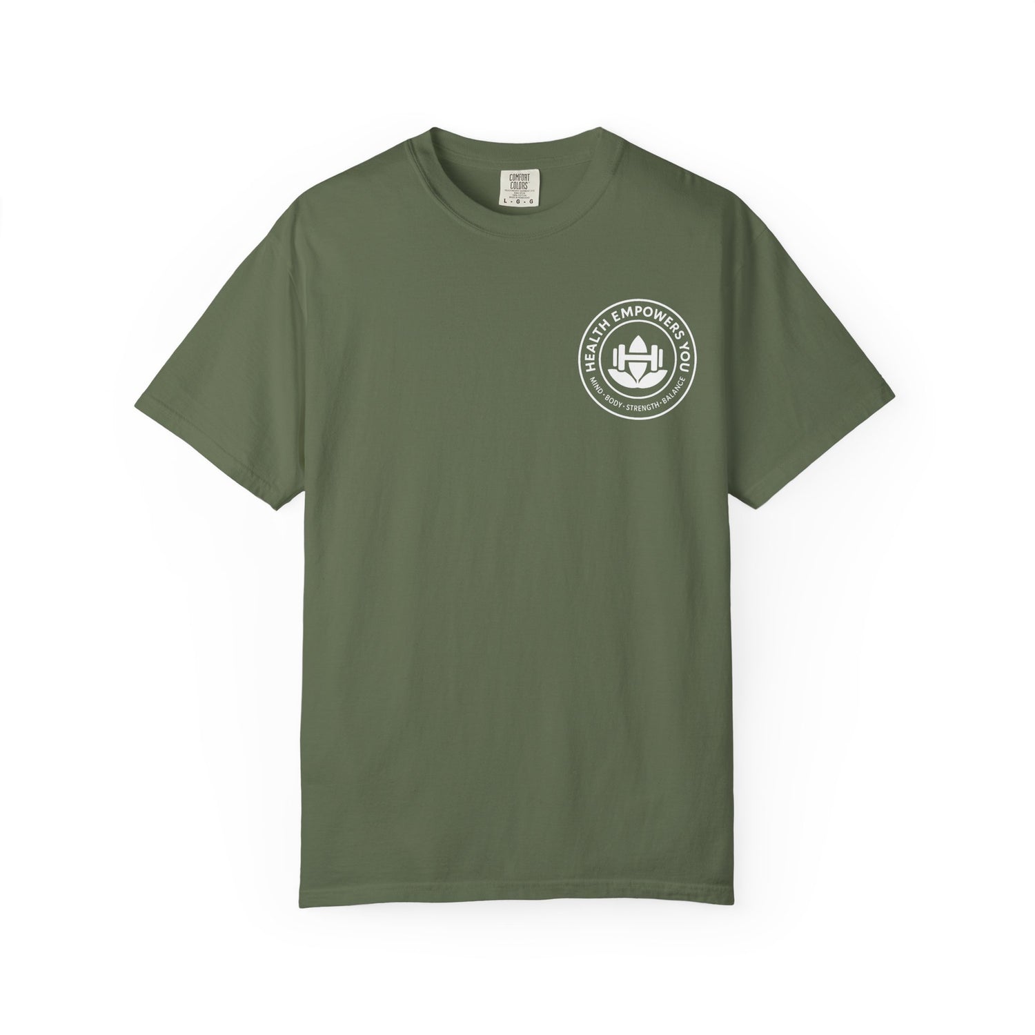 Green t-shirt with a white logo on a white background