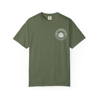 Green t-shirt with a white logo on a white background