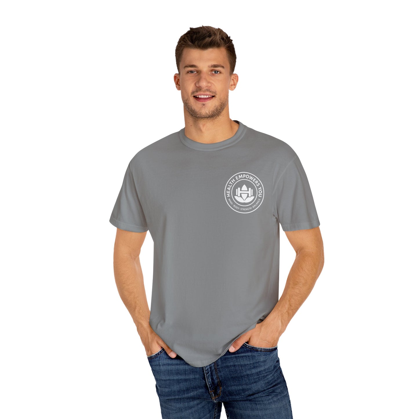 Man wearing a gray t-shirt with a logo on a white background