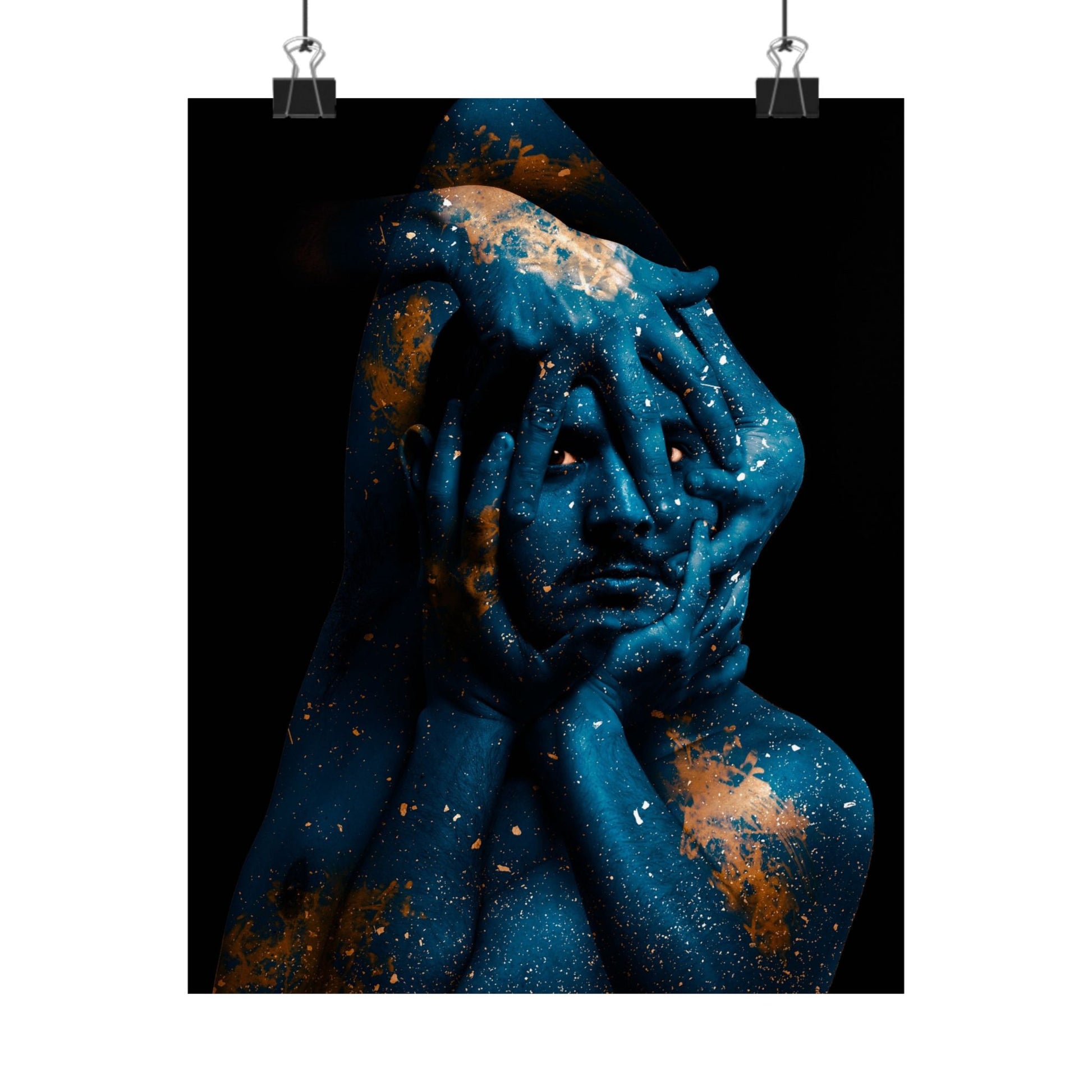 Artistic depiction of a person with celestial design on a black background