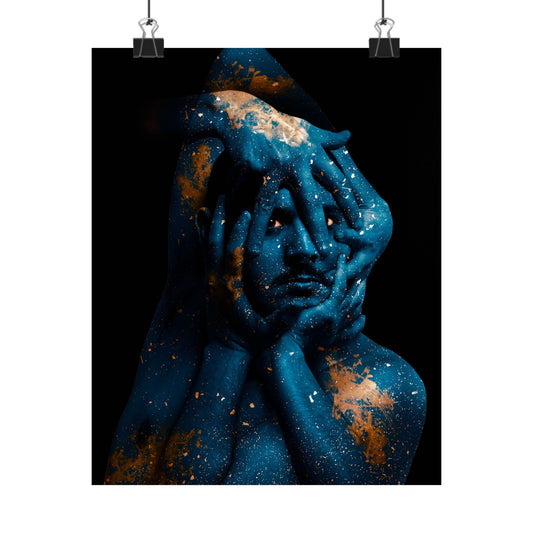 Artistic depiction of a person with celestial design on a black background