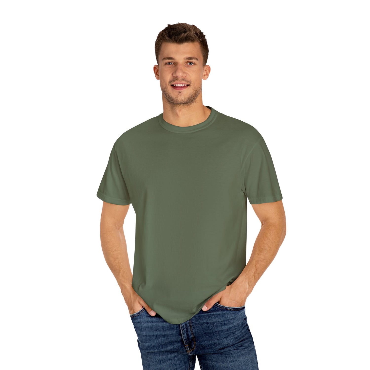 Man wearing a green t-shirt and blue jeans on a white background