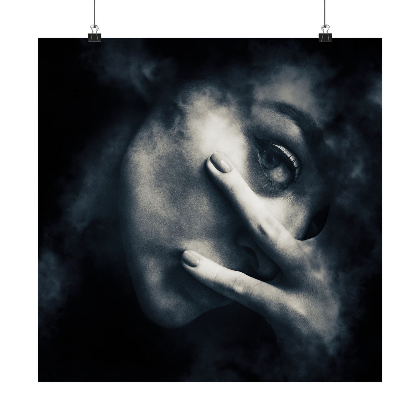 Black and white artistic depiction of a face with a hand covering part of it, against a dark background.