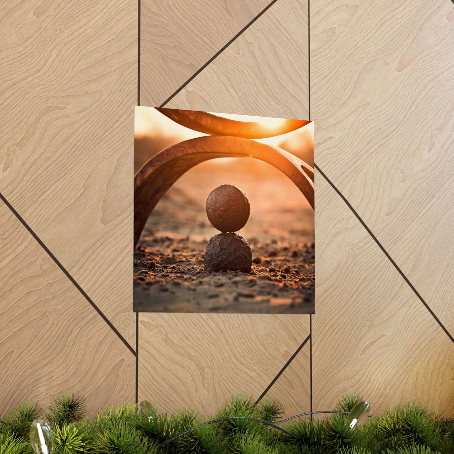 Balancing rock with abstract sculpture against a sunset sky on a wooden panel background