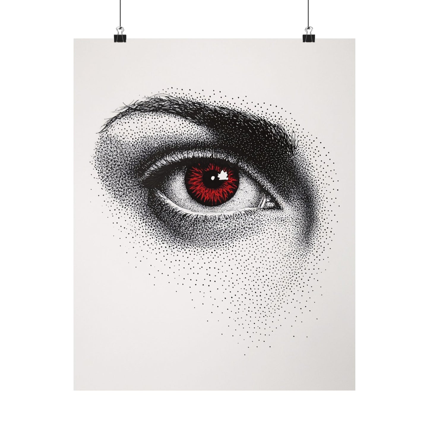 Artistic depiction of a detailed eye with a red iris on a white background