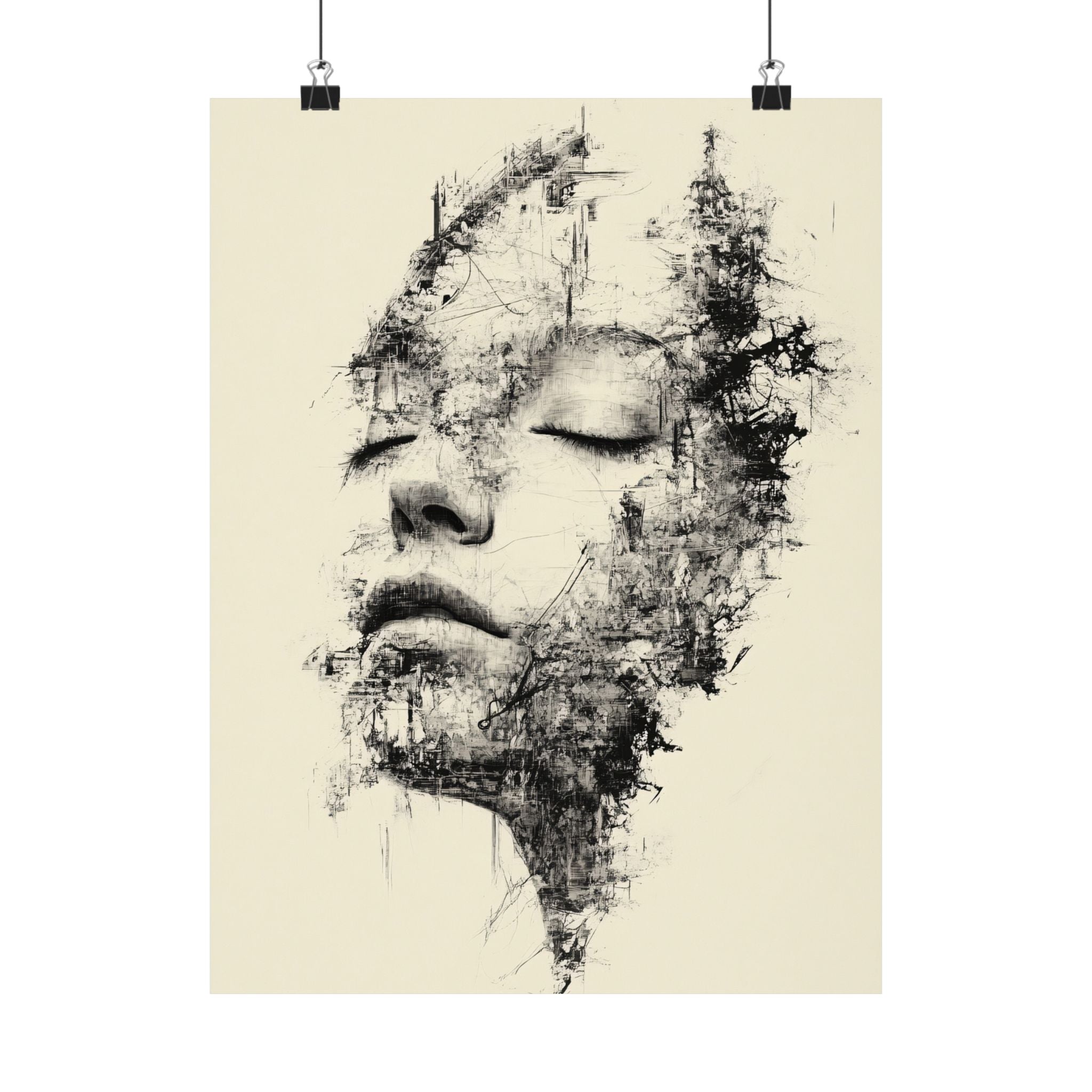 Abstract black and white art print of a face on a beige background