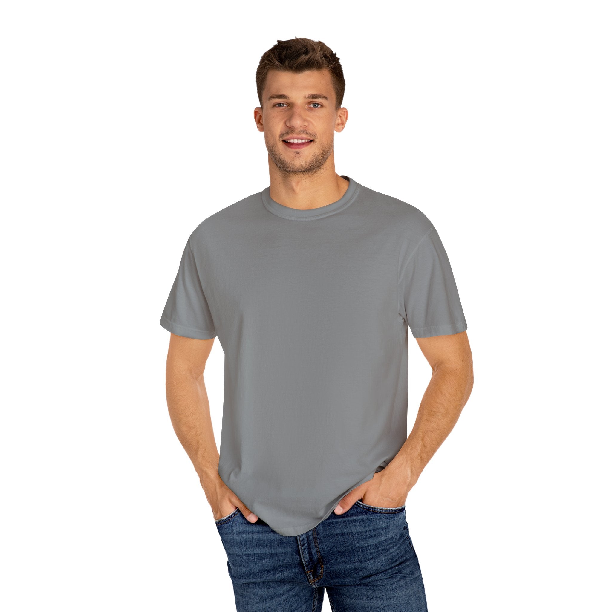 Man wearing a gray t-shirt and blue jeans on a white background