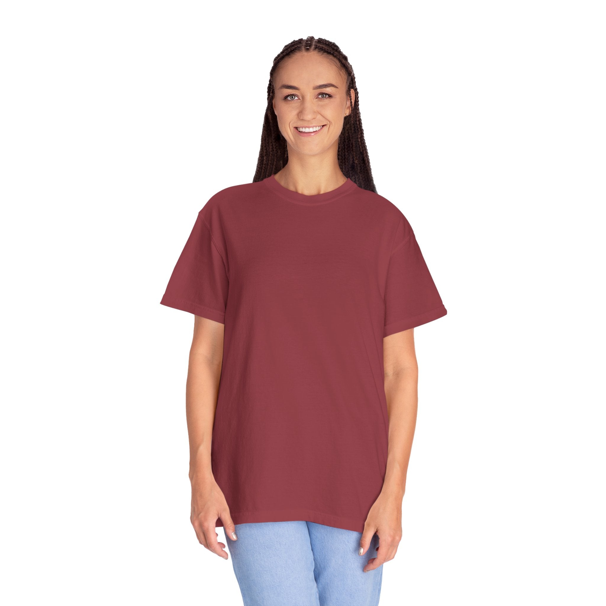 Woman wearing a maroon t-shirt on a white background