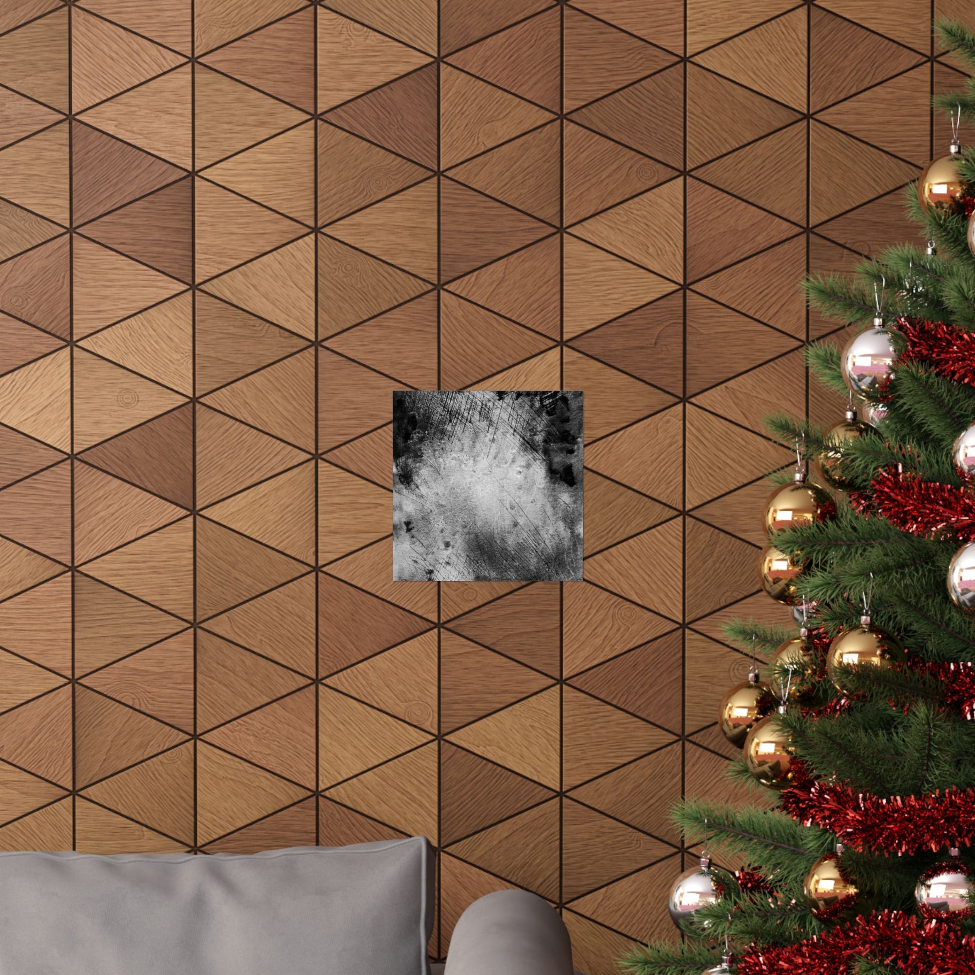 Wooden geometric wall paneling with a Christmas tree and decorations.