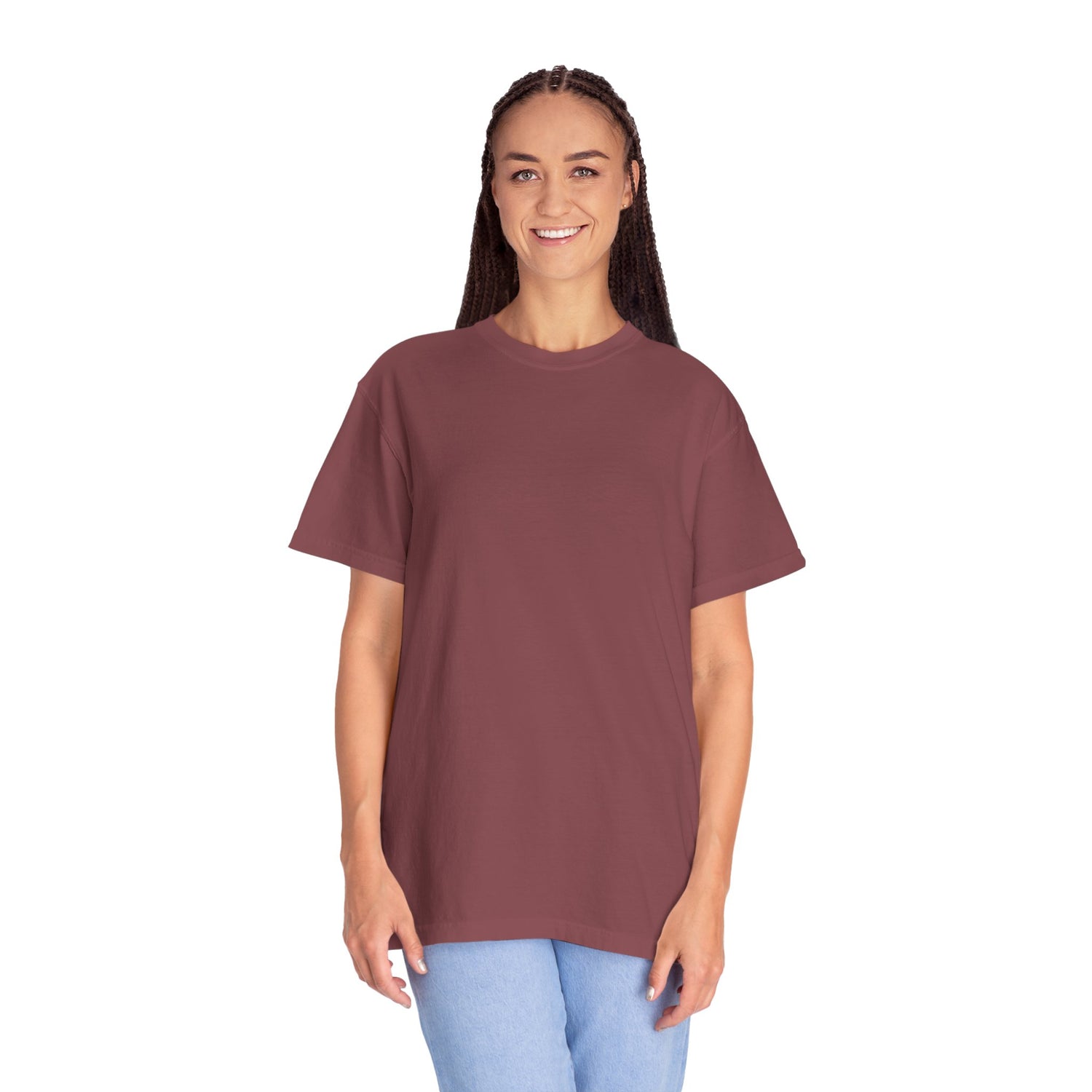 Woman wearing a maroon t-shirt on a white background