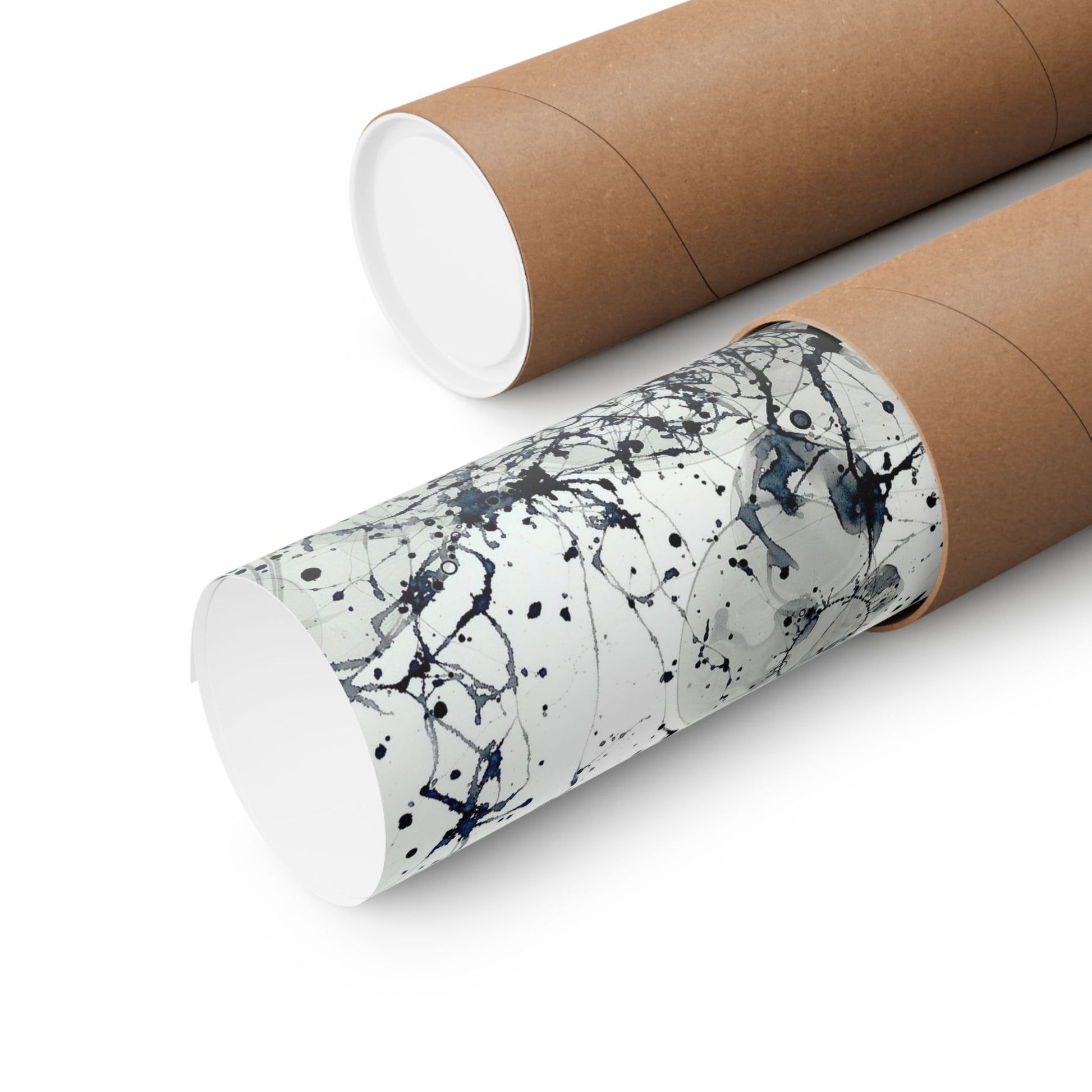 Roll of paper with abstract black and blue design on a white background
