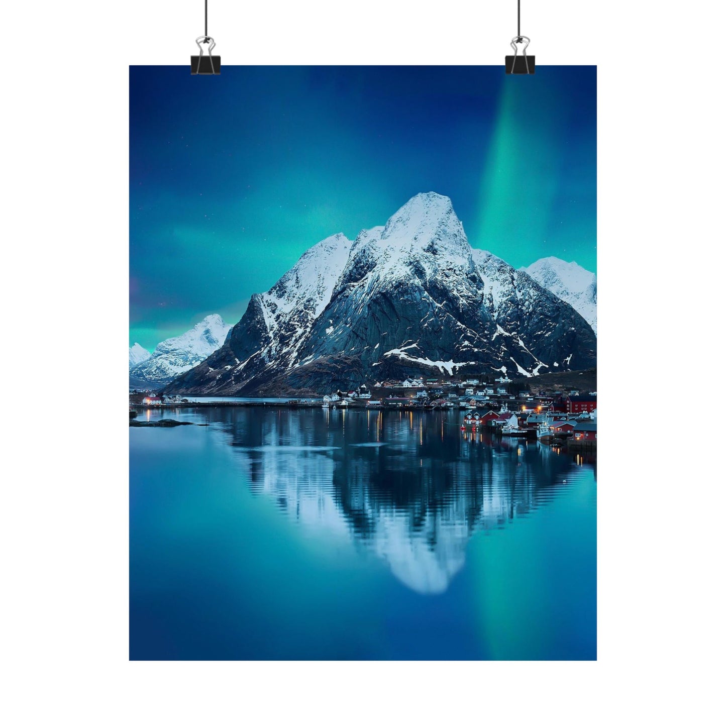 Poster of a mountain landscape with a lake and Northern Lights reflection