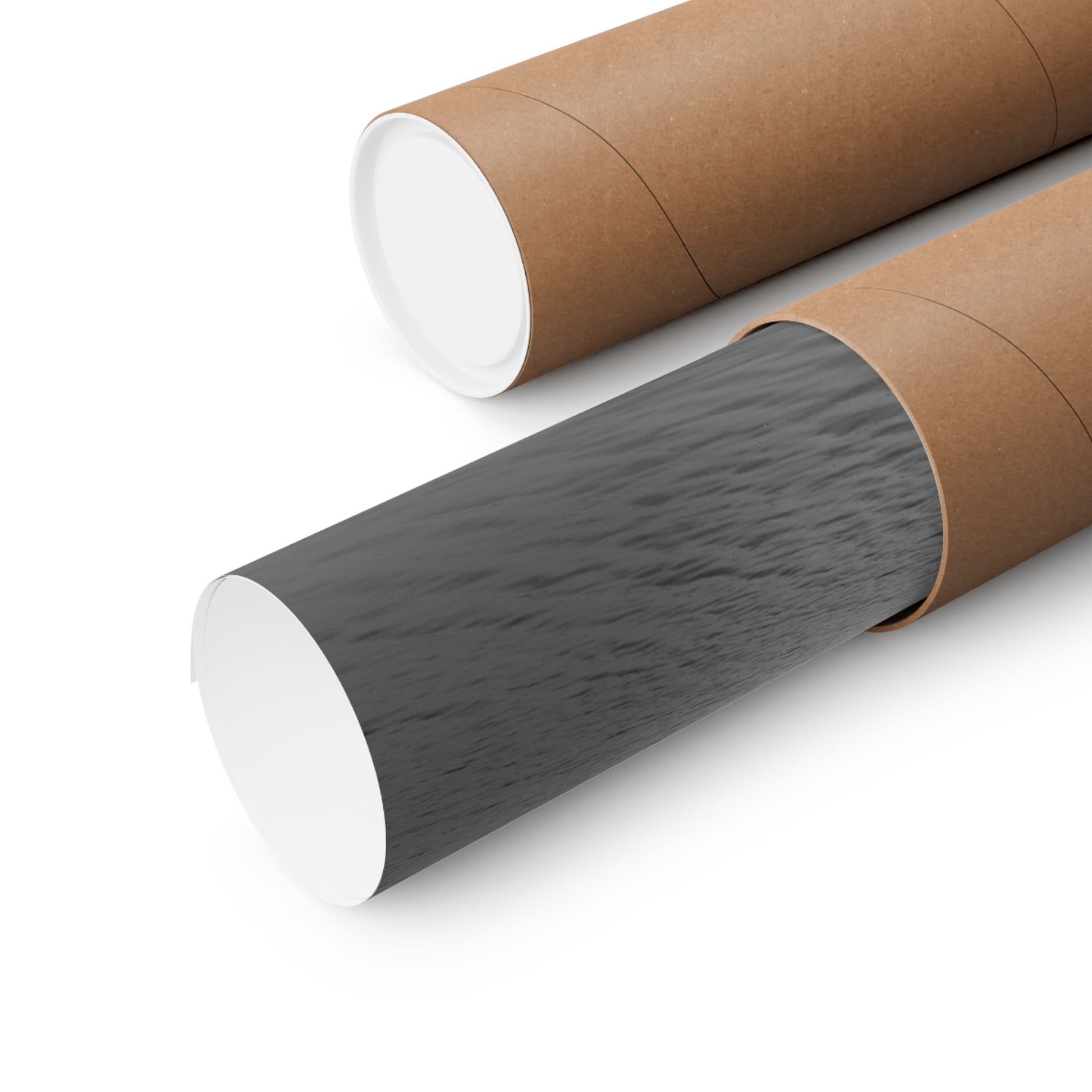 Two cylindrical objects with one wrapped in brown paper and the other in gray fabric, on a white background.