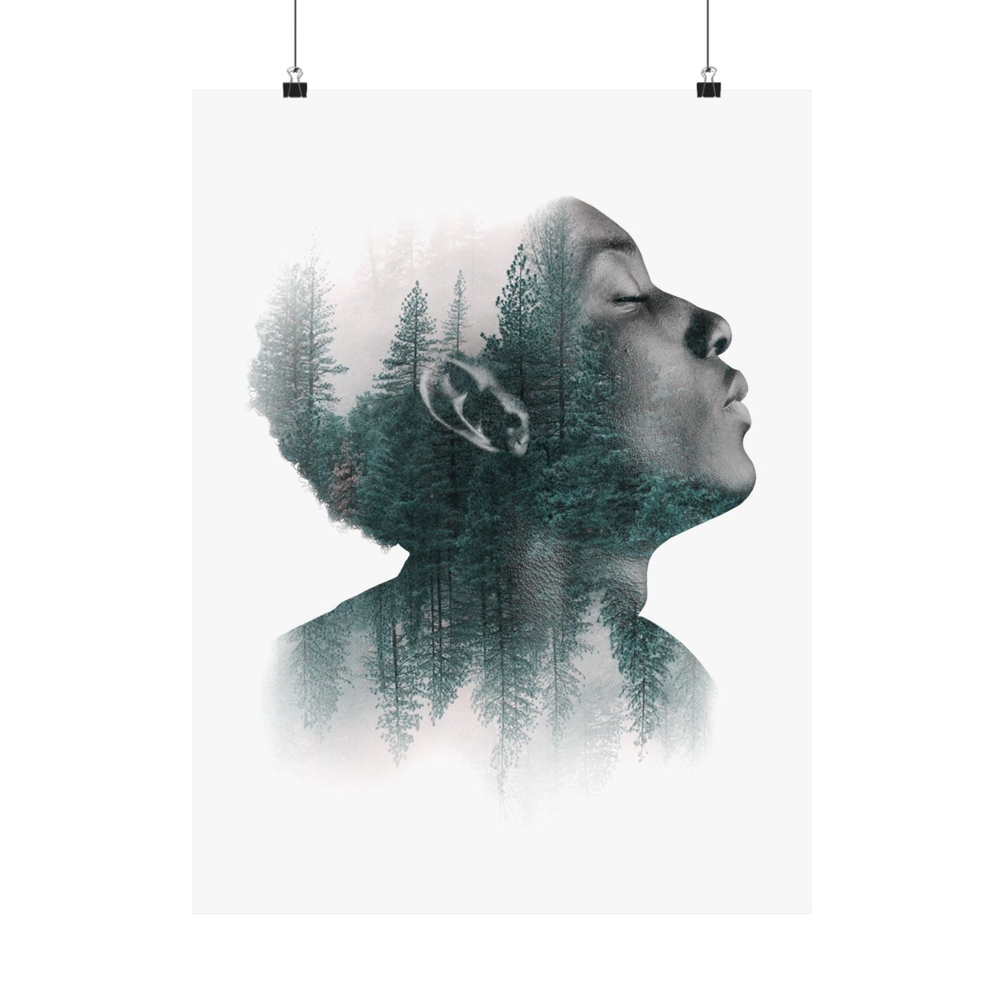 Artistic double exposure of a person's profile with forest landscape