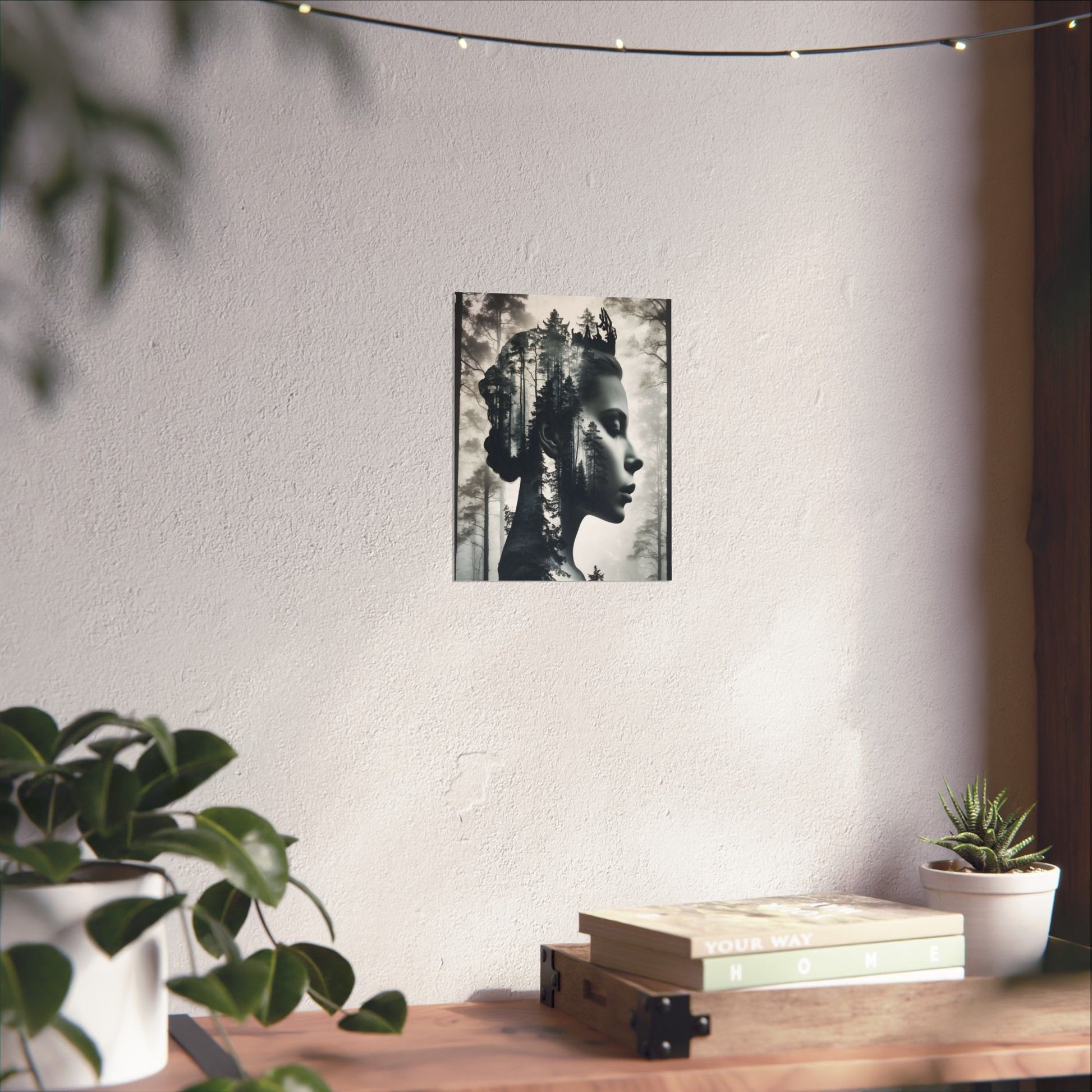 Poster of a stylized portrait on a wall above a wooden shelf with books and plants.