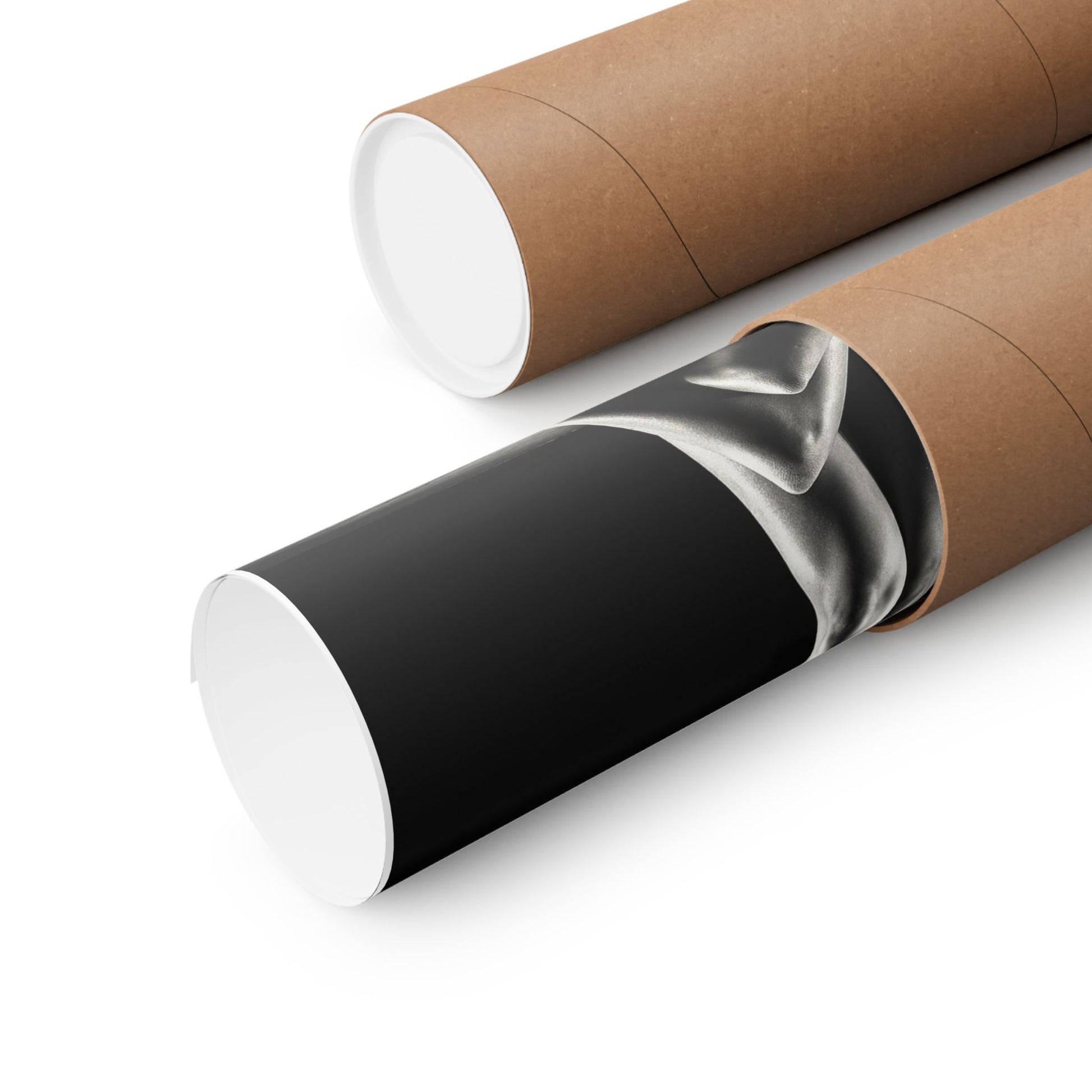Two cardboard tubes with one black and white design on a white background
