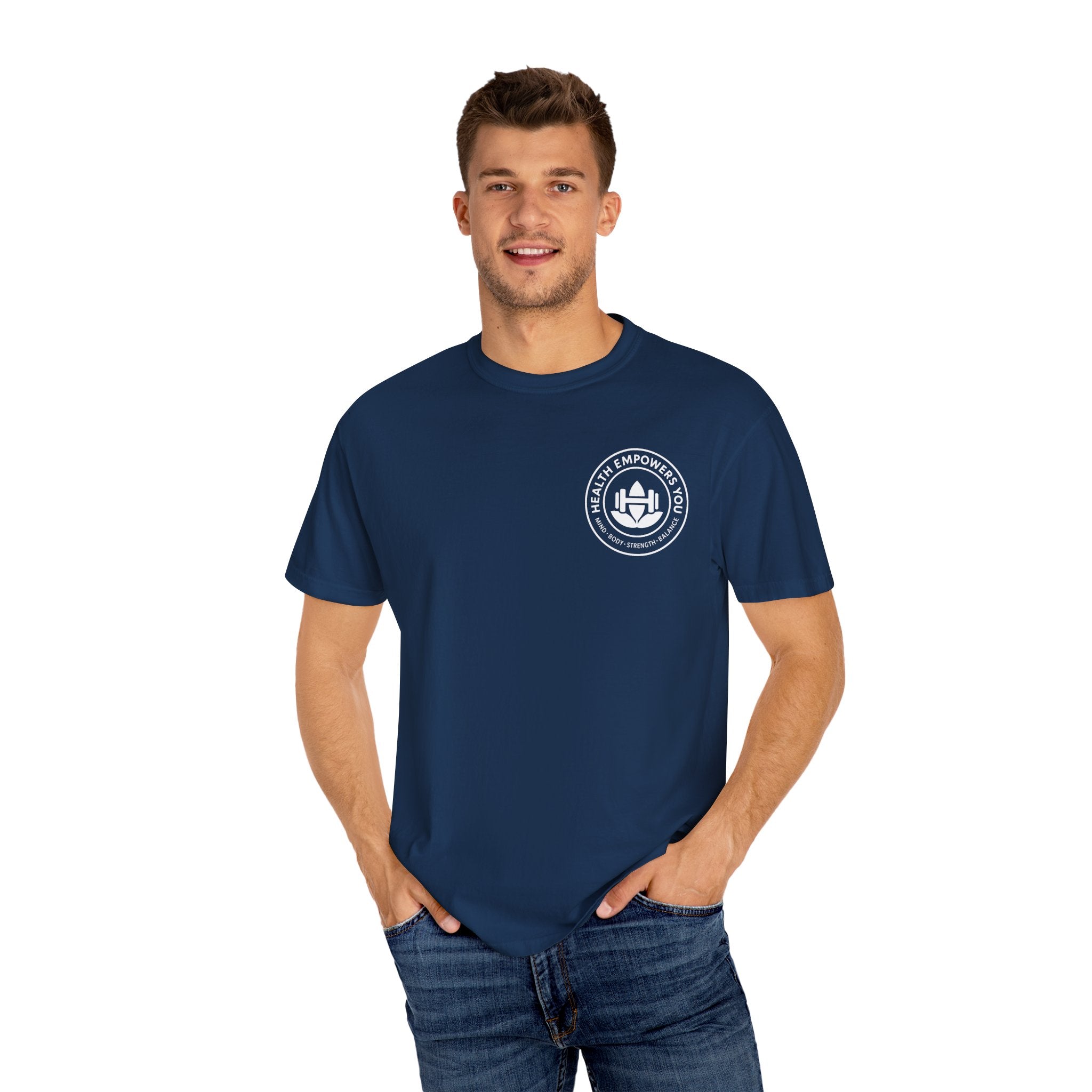 Man wearing a navy blue t-shirt with a logo on a white background