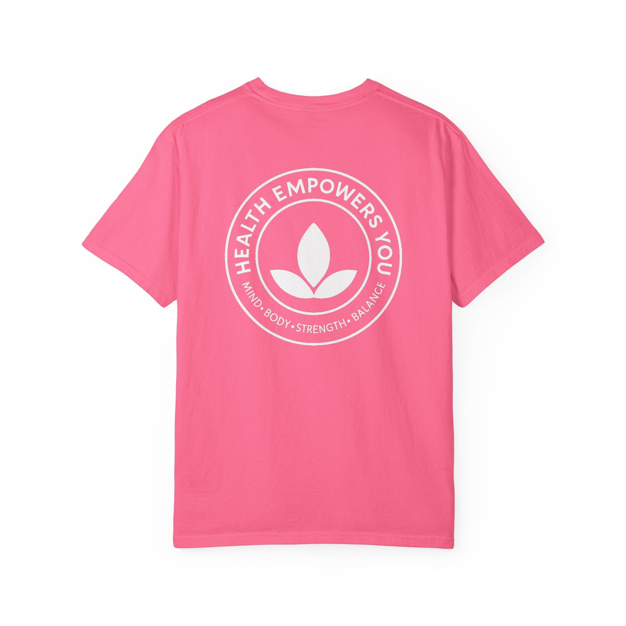 Pink t-shirt with a white logo and text on the back against a white background