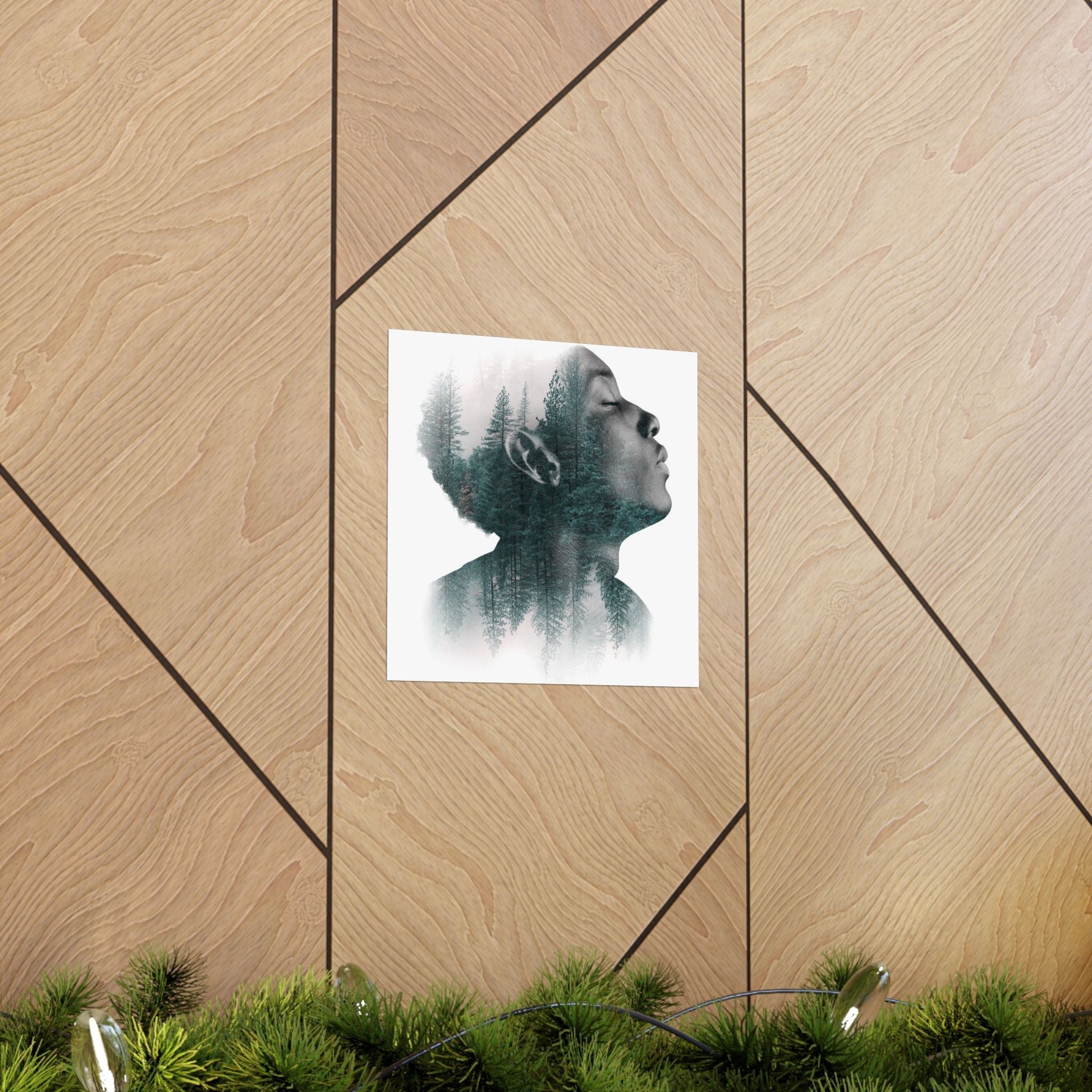 Poster of a person with nature overlay on a wooden wall.