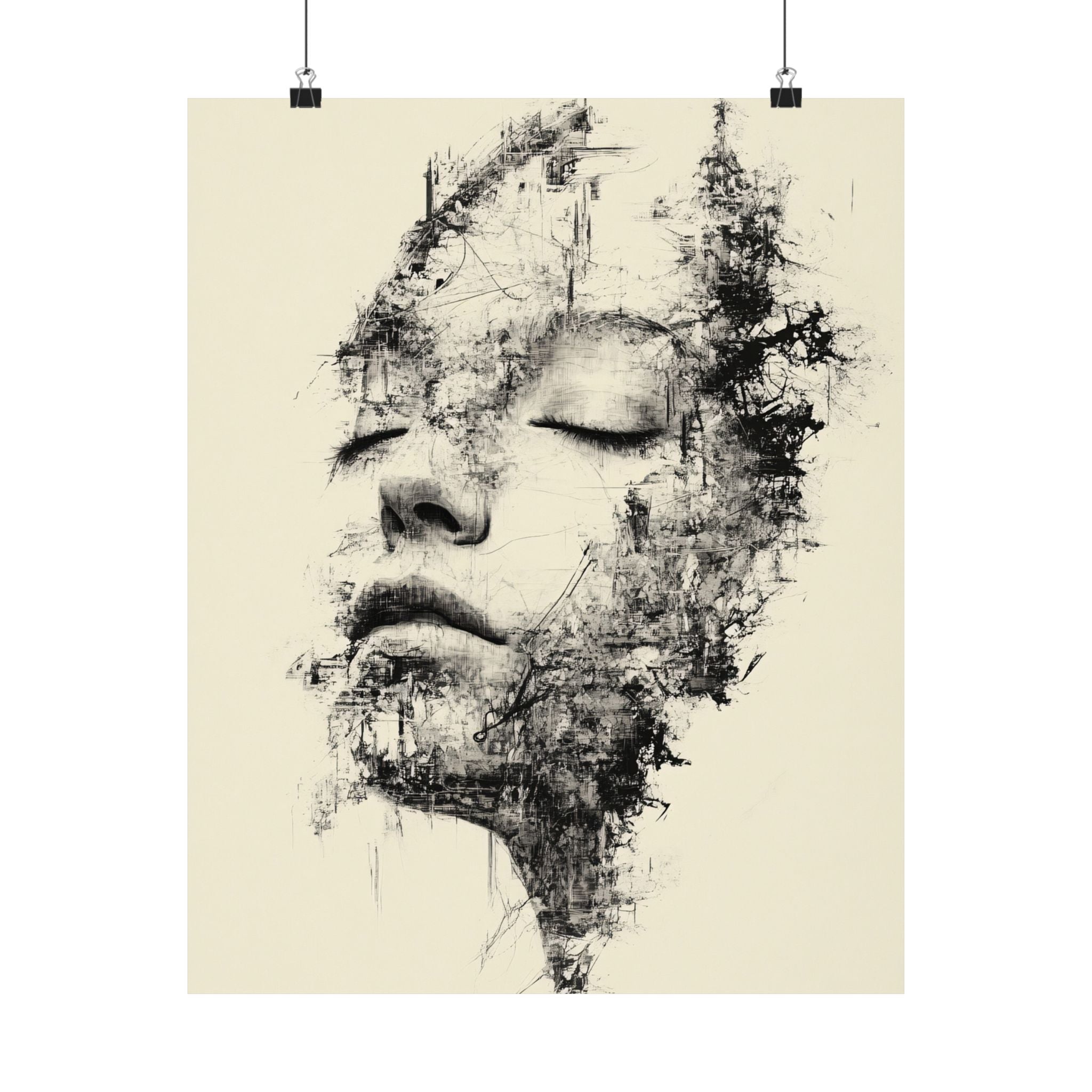 Artistic depiction of a face with black abstract elements on a beige background