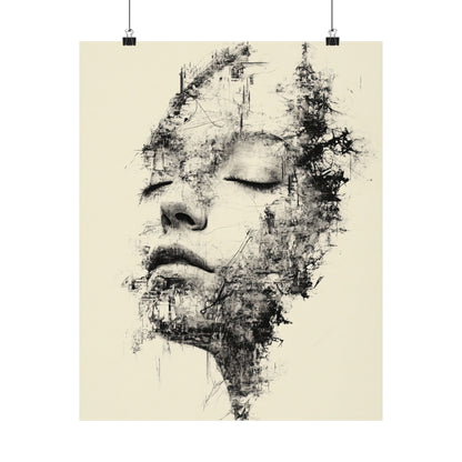 Artistic depiction of a face with black abstract elements on a beige background