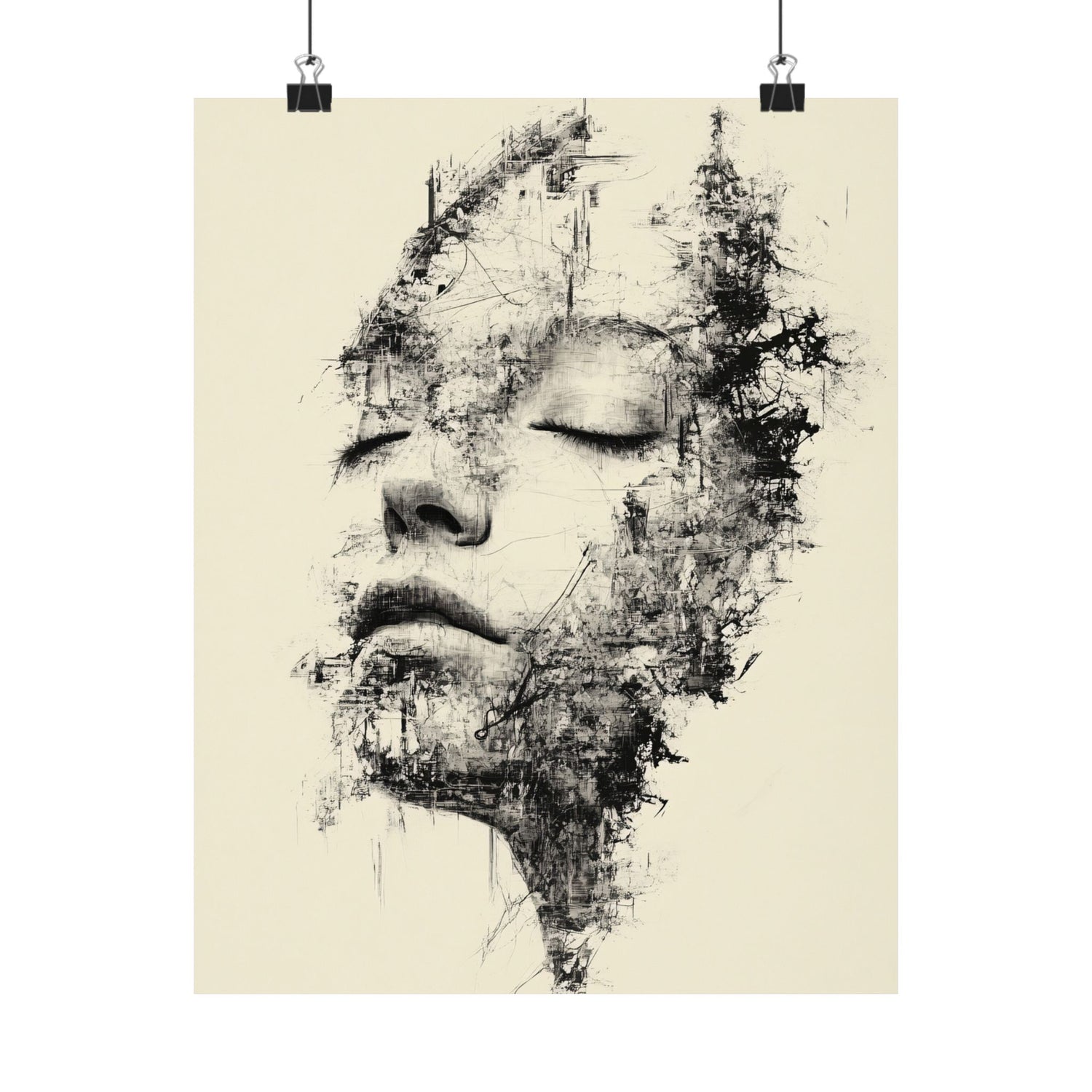 Abstract black and white art print of a face on a beige background