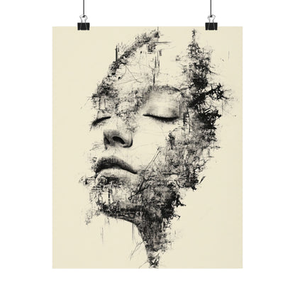 Abstract black and white art print of a face on a beige background