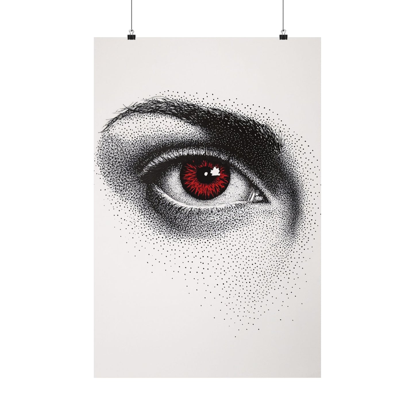 Artistic depiction of a detailed eye with a red iris on a white background