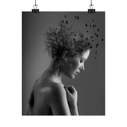 Black and white art print of a woman with nature elements and birds.