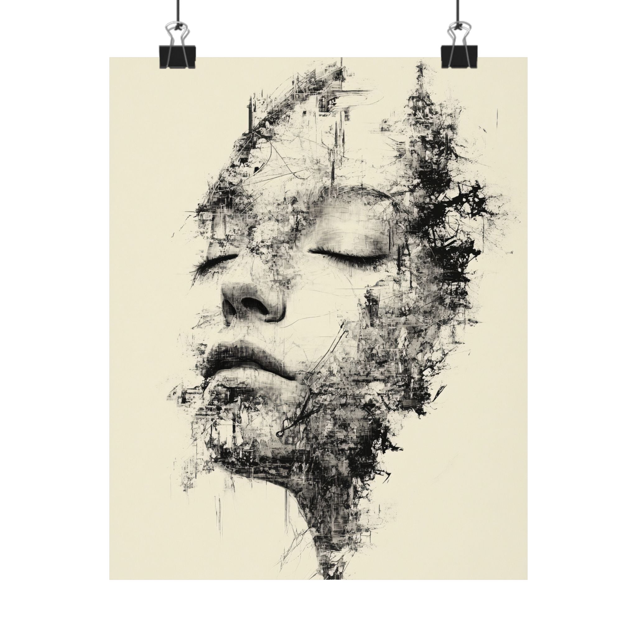 Abstract black and white art print of a face on a beige background