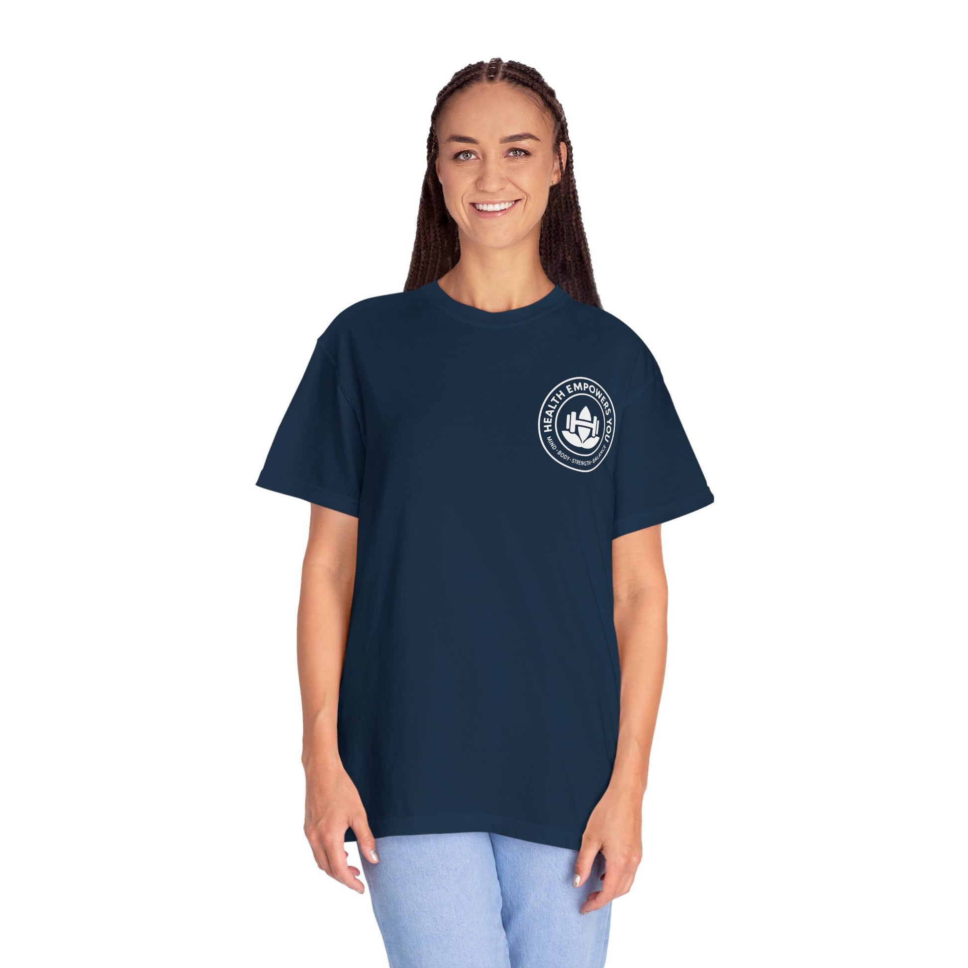 Person wearing a navy blue t-shirt with a logo on a white background
