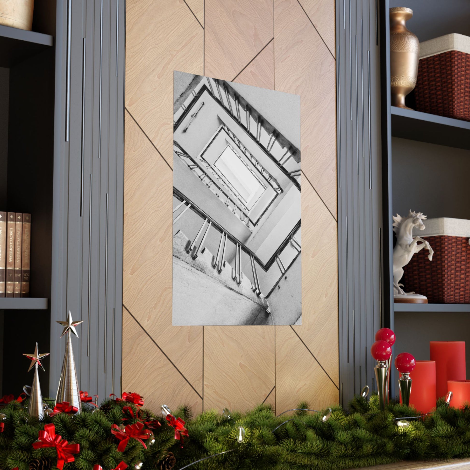 Decorative wall art on a wooden wall with festive decorations at the bottom.