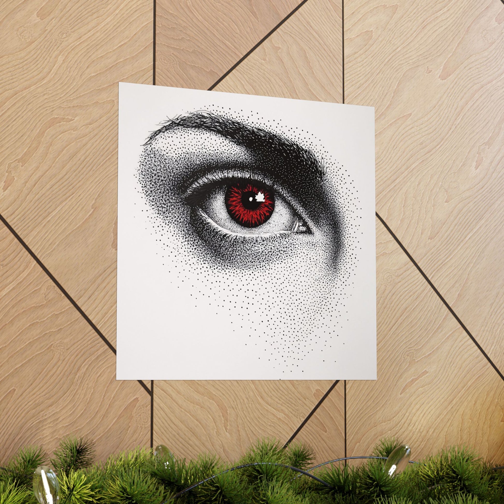 Art print of a detailed eye on a wooden floor with greenery at the bottom.