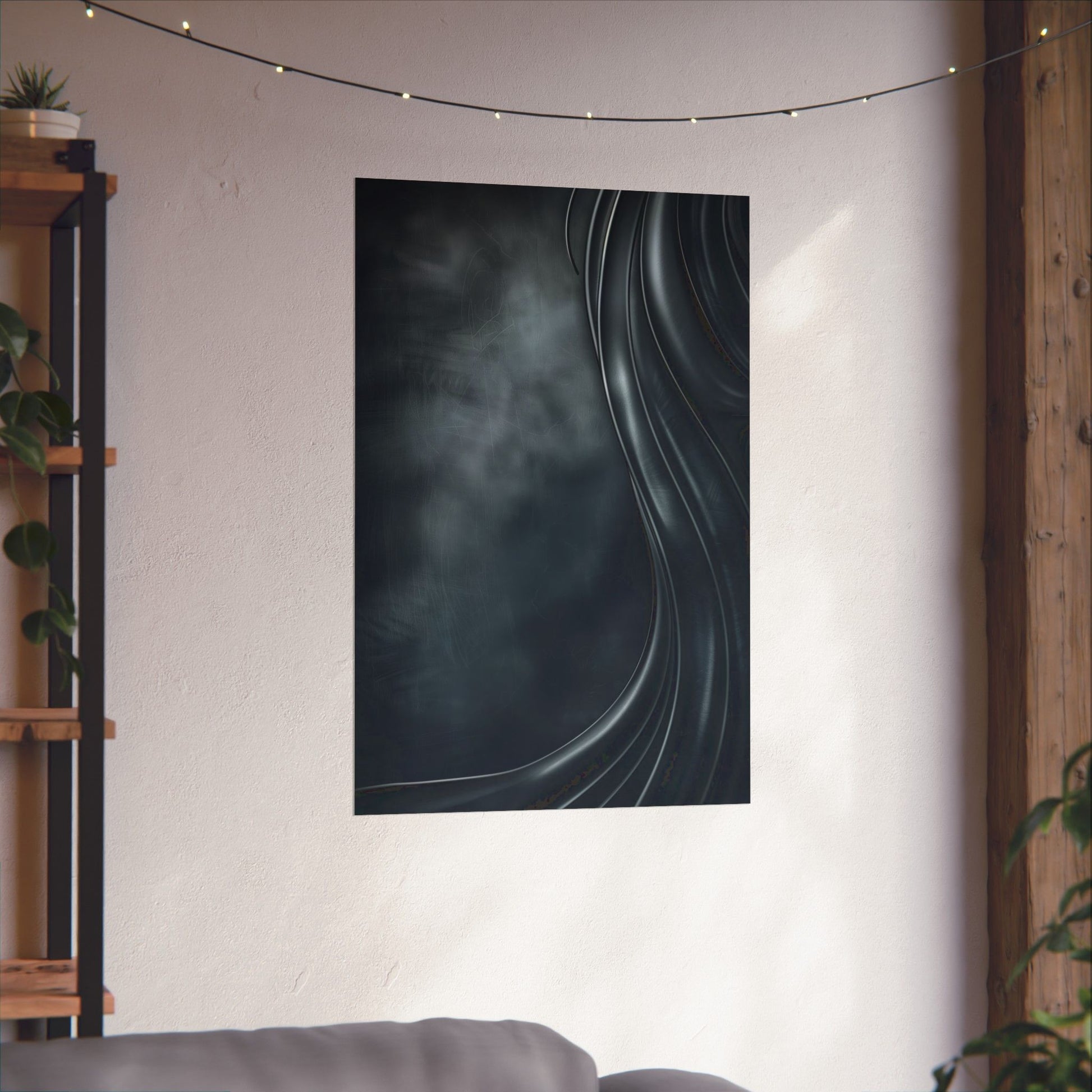 Abstract wall tapestry with wavy lines on a white wall in a room with a shelf and plants.