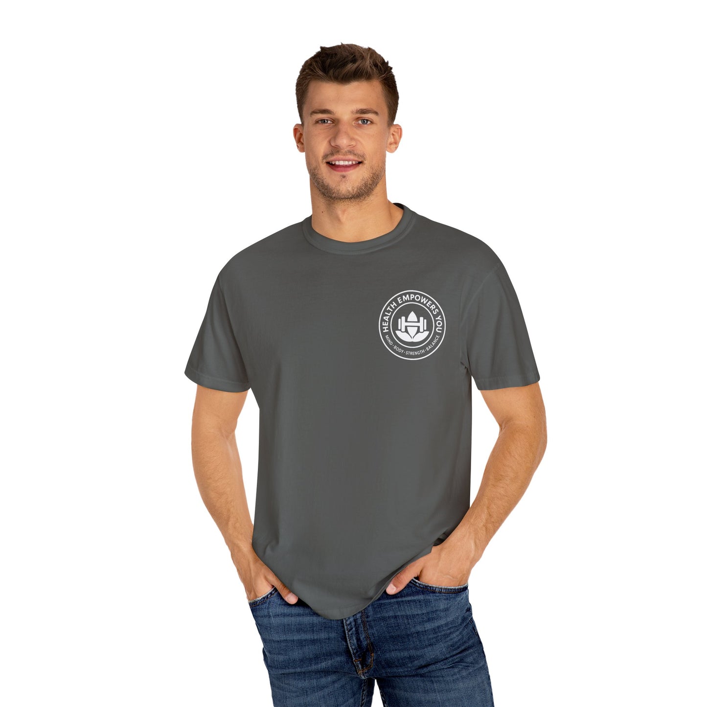 Man wearing a gray t-shirt with a logo on a white background
