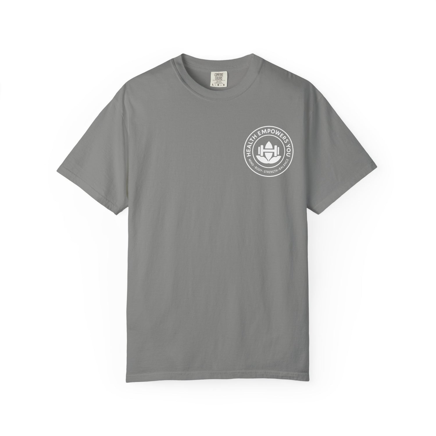 Gray t-shirt with a white logo on a white background