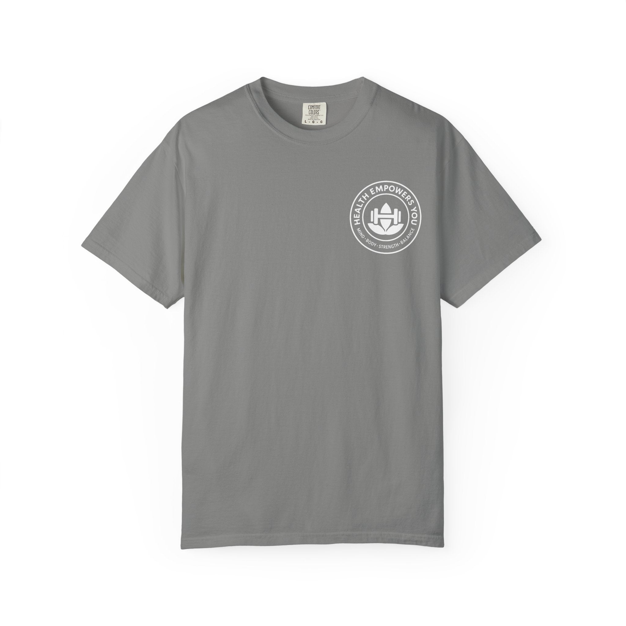 Gray t-shirt with a white logo on a white background