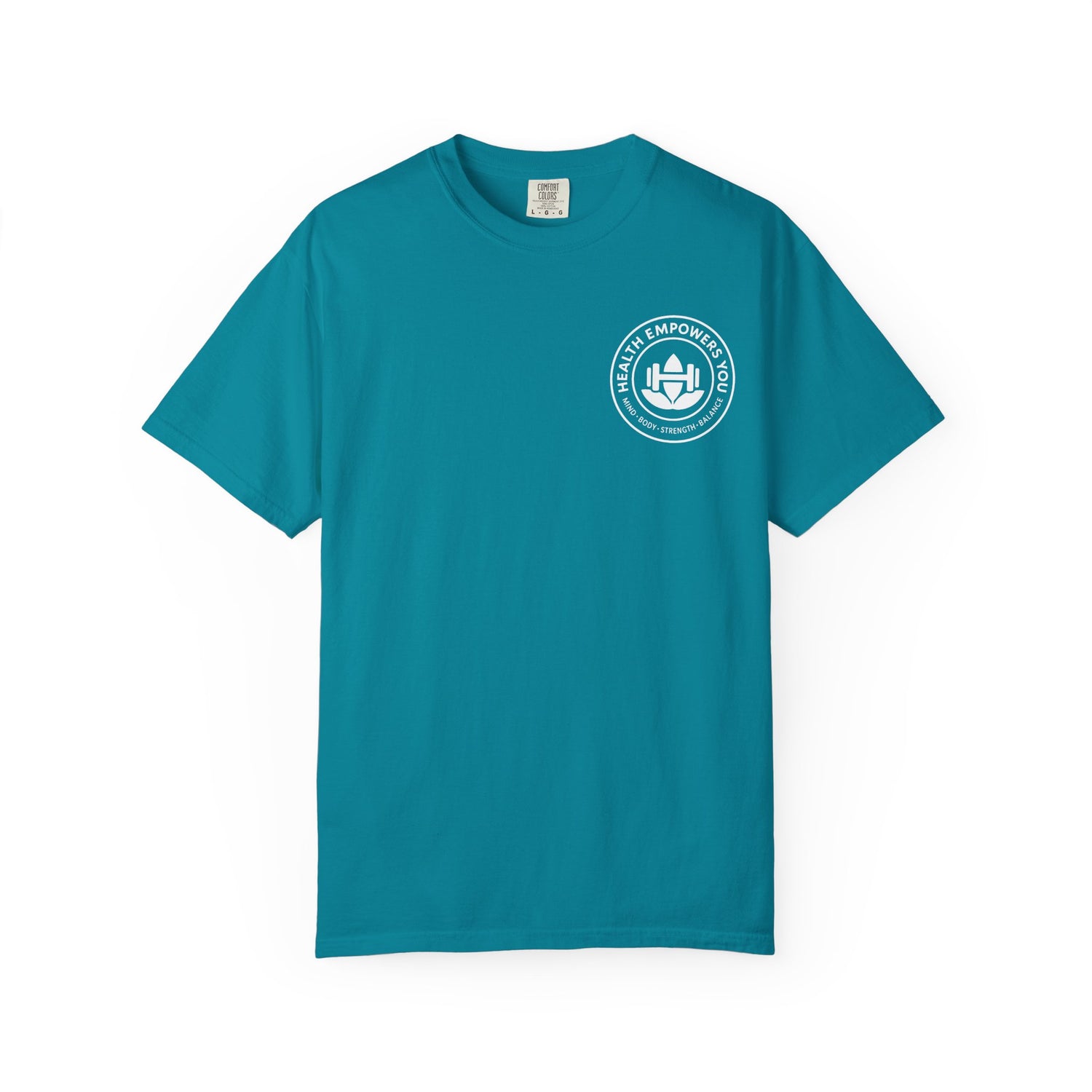 Teal t-shirt with a white logo on a white background