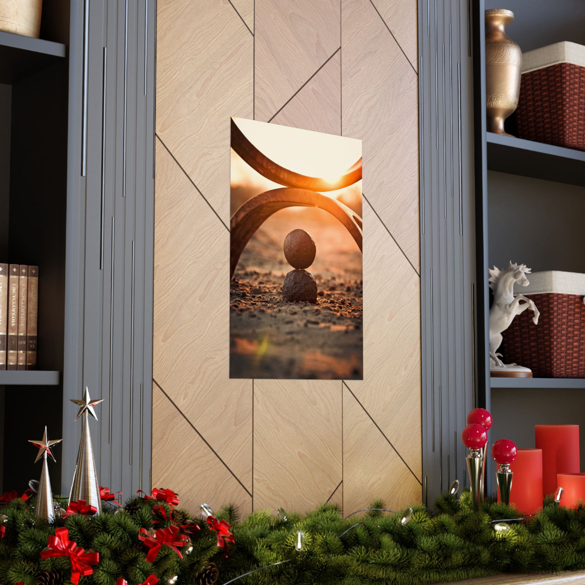 Decorative wall art with sunset design on a wooden wall, surrounded by festive decorations.
