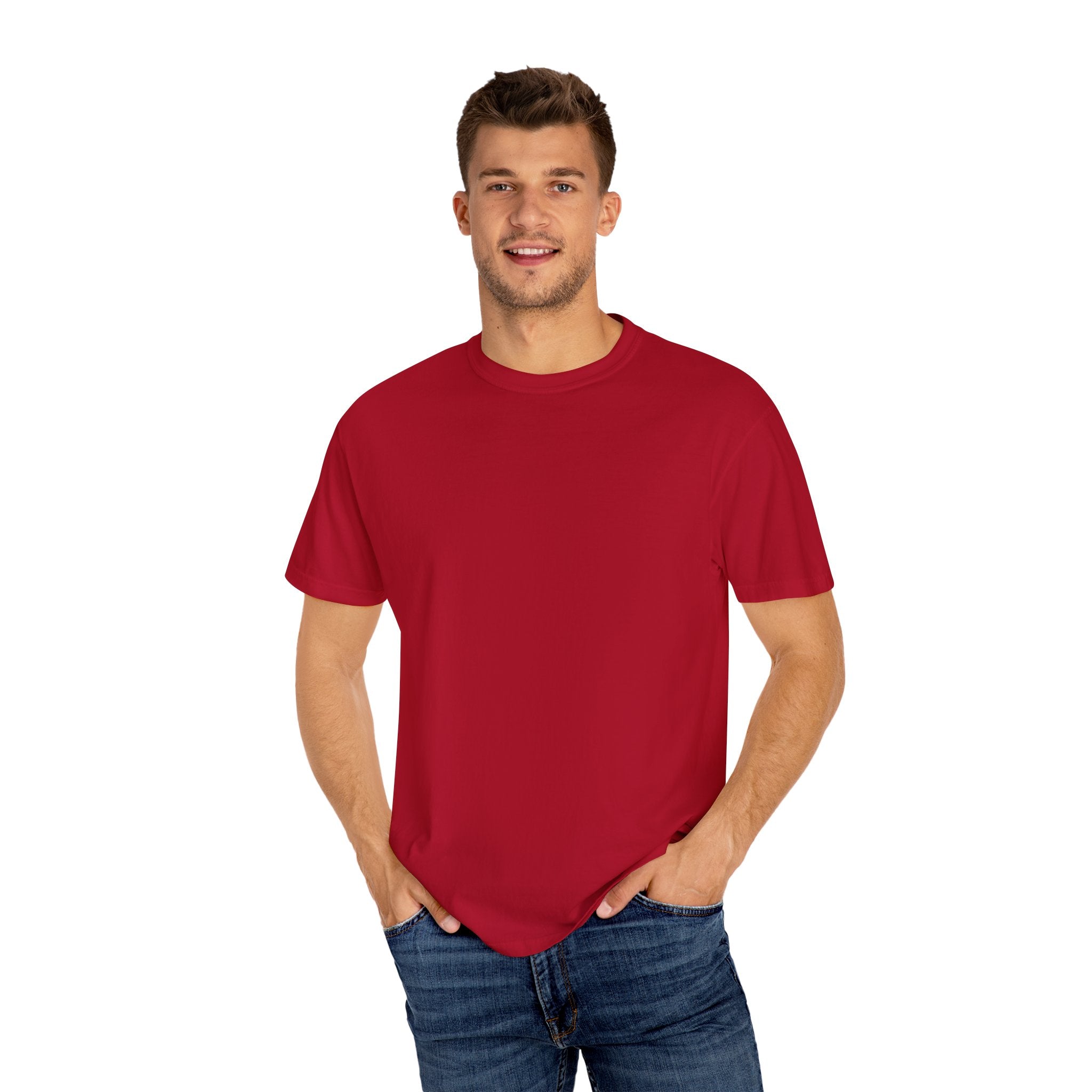 Man wearing a red t-shirt and blue jeans on a white background