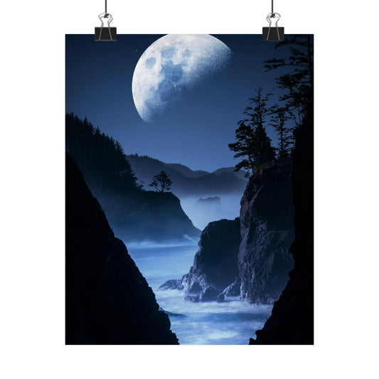 Majestic landscape with a large moon over a mountainous coastline at night.