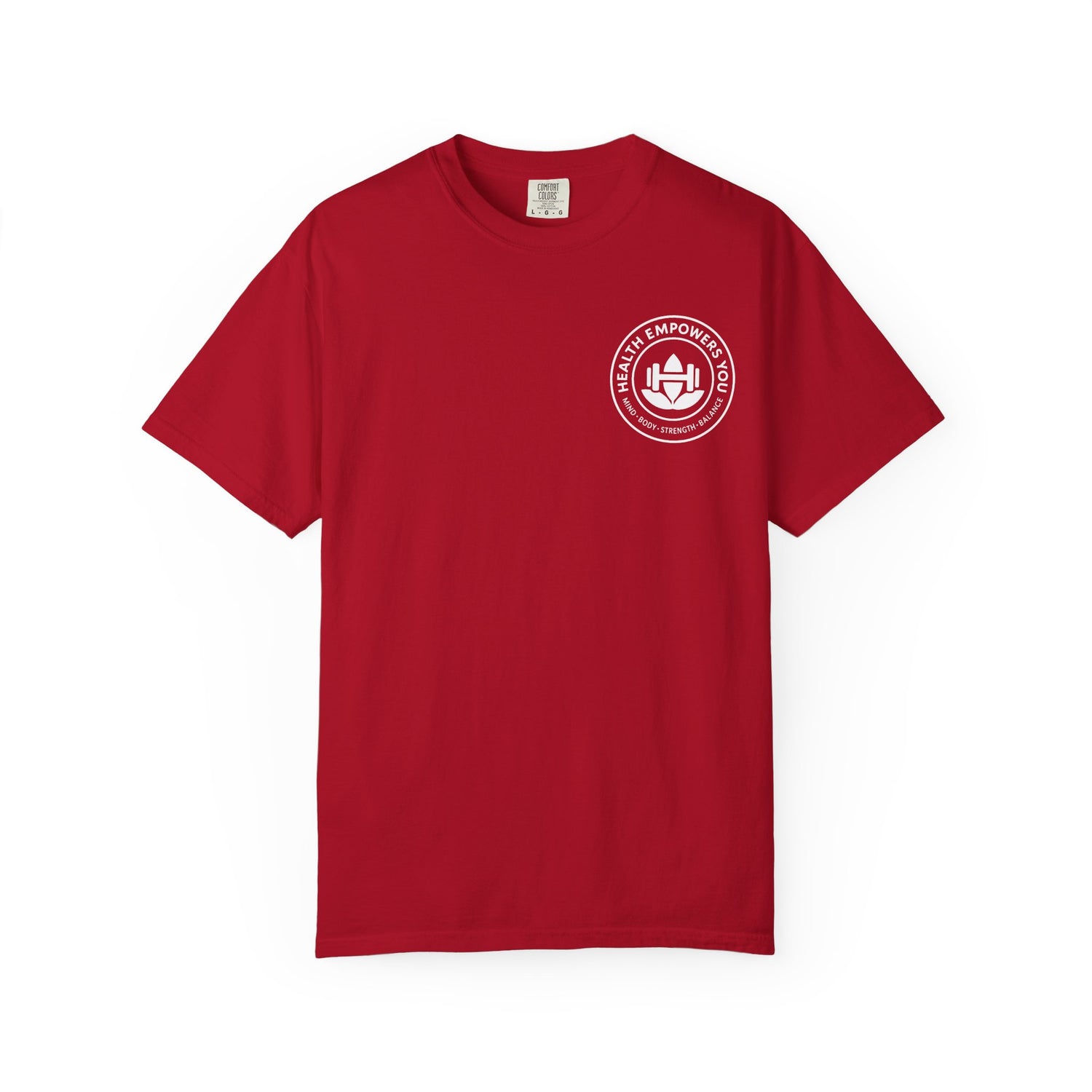 Red t-shirt with a white logo on a white background