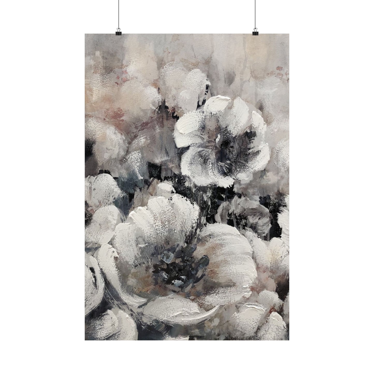 Abstract floral painting with soft gray and white tones on a textured background